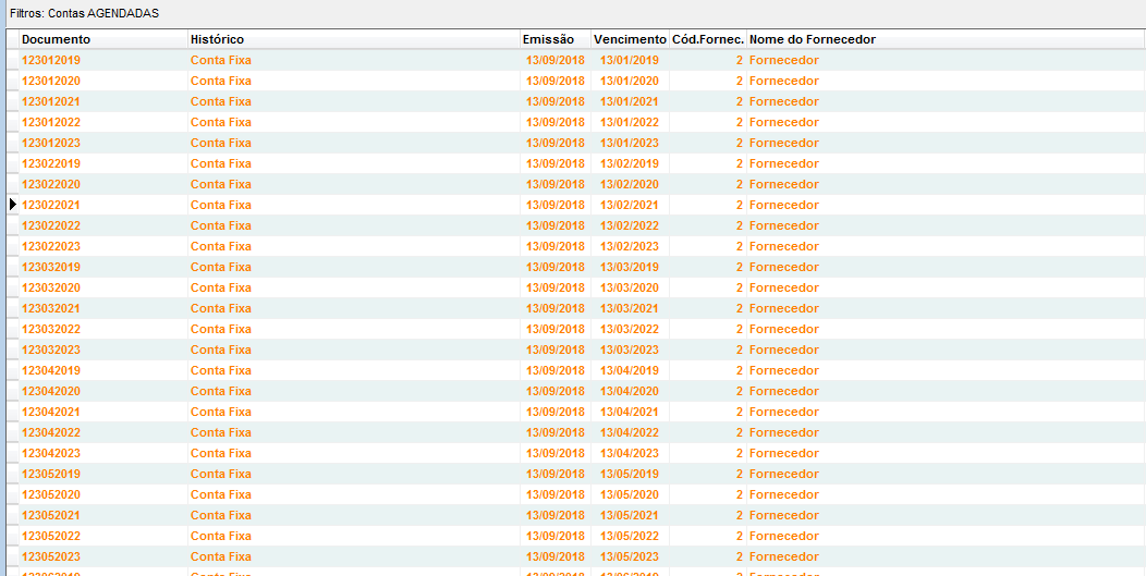 Contas fixas geradas com o status Agendadas Contas fixas com status Agendadas