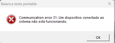 Mensagem Communication error 31 ao vender com a balança Communication error 31
