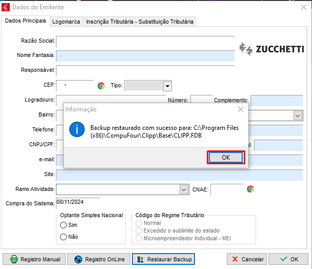 Mensagem de backup restaurado com sucesso Backup restaurado com sucesso