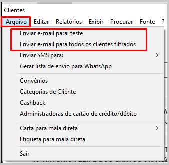 Opções de envio de e-mail para os clientes no menu Arquivo Opções de envio de e-mail