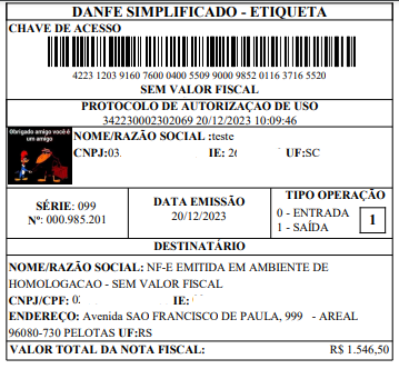 Exemplo de impressão Simplificada - Etiqueta Impressão Simplificada