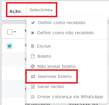 Ação Reenviar Boleto para o arquivo de transmissão Reenviar Boleto