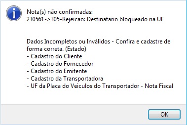 Mensagem de rejeição do destinatário bloqueado na UF Rejeição do destinatário bloqueado