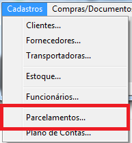 Menu Cadastros - Parcelamentos no ClippMei Acesso ao cadastro de Parcelamentos