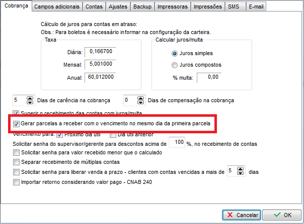 Opção de gerar parcelas com o mesmo dia de vencimento da primeira Parâmetro de vencimento no mesmo dia