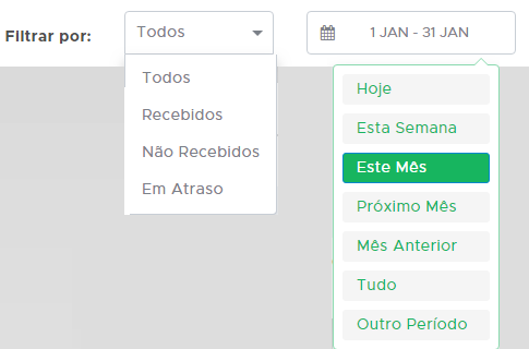 Filtro de receitas por período na tela do ClippFácil Filtro de receitas por período