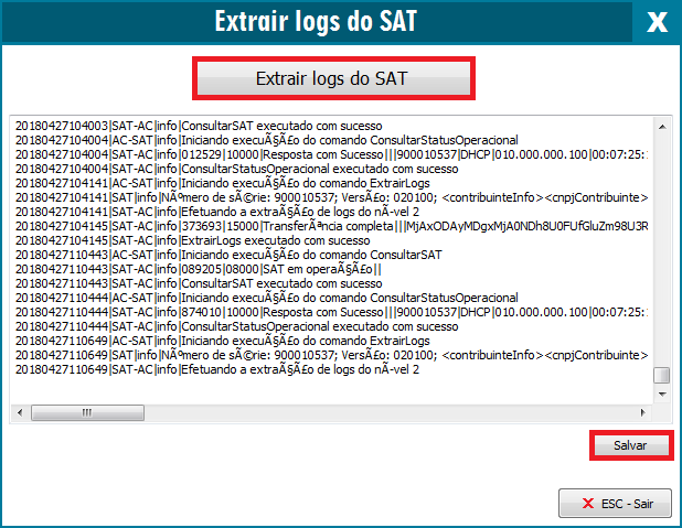 Opção Extrair logs do SAT gerando as informações Opção Extrair logs do SAT