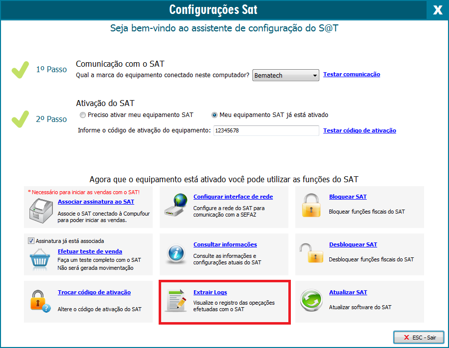 Botão Extrair LOGs do SAT Botão Extrair LOGs do SAT