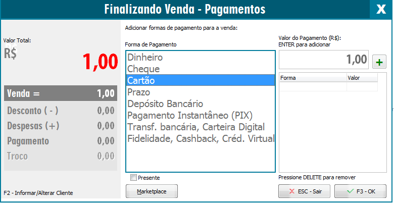 Seleção da forma de pagamento Cartão Forma de pagamento Cartão