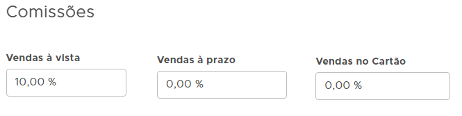Percentuais de comissão à vista, a prazo e no cartão Percentuais de comissão do vendedor