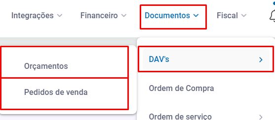 Acesso a Documento - DAV's - Orçamentos ou Pedidos de Venda Acesso a orçamentos e pedidos