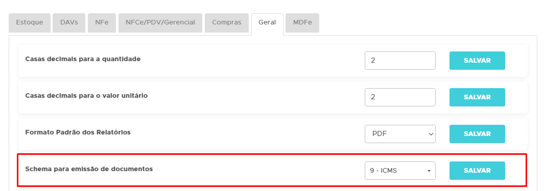 Selecao do schema de emissao 10 IBS CBS nas configuracoes gerais Schema de emissao IBS CBS