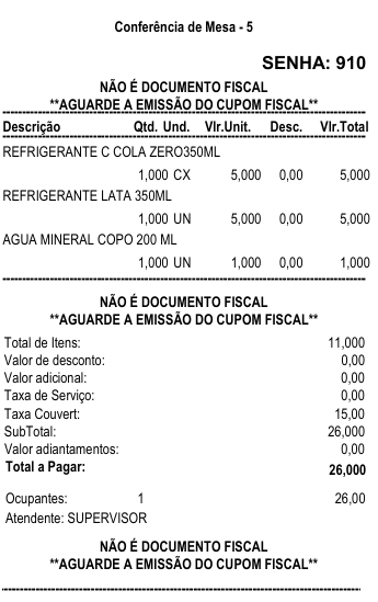 Conferência de consumo com Couvert e taxa de serviço Conferência de consumo