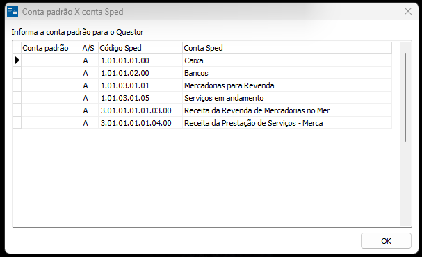Informação da conta padrão para o Questor Conta padrão do Questor
