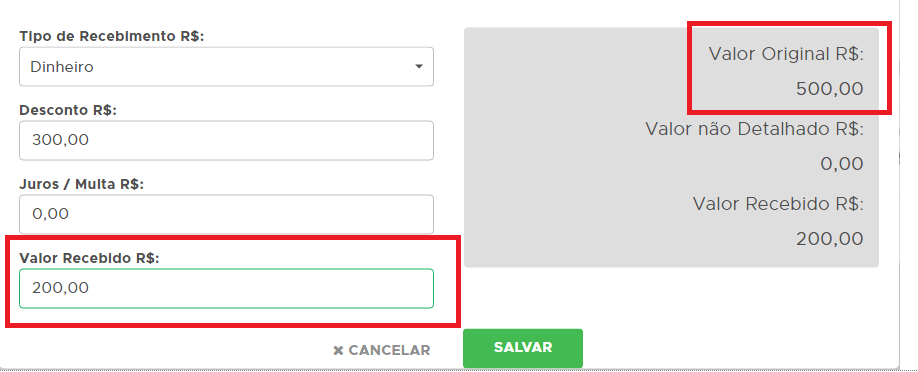 Definição do valor parcial recebido do cliente Valor parcial recebido