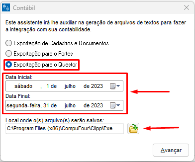 Opção Exportação para o Questor no Contabil.exe Exportação para o Questor