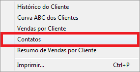 Opção Contatos no menu Relatórios do cliente Opção Contatos