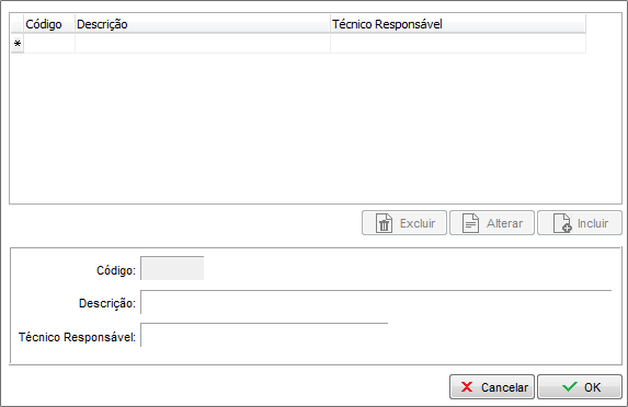 Cadastro de Tipo do Objeto com descrição e técnico responsável Cadastro de Tipo de Objeto