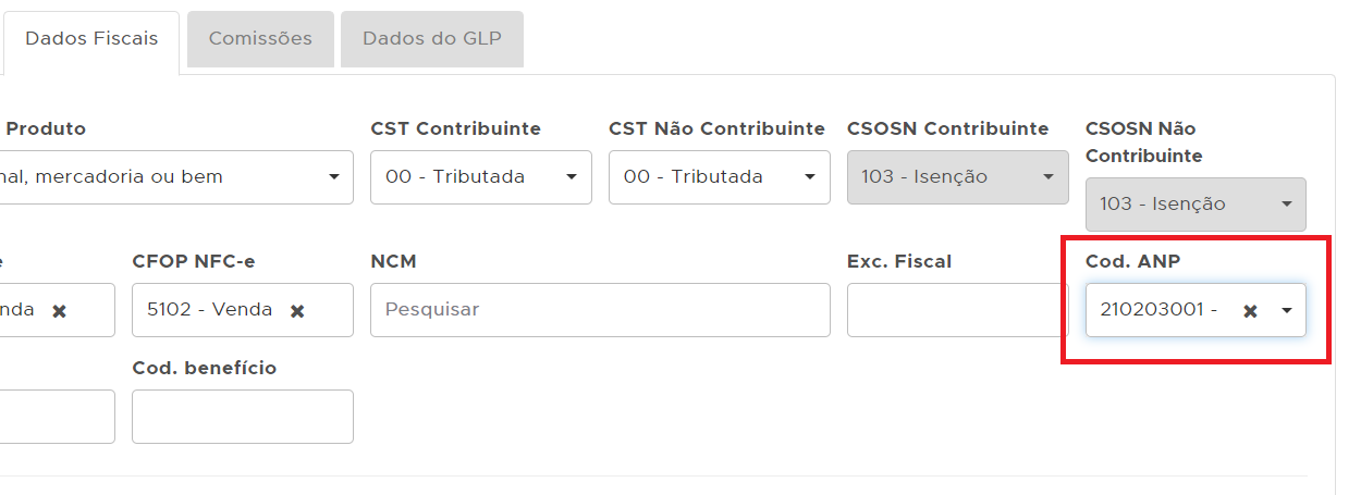 Aba Dados Fiscais com o Código ANP Código ANP nos Dados Fiscais