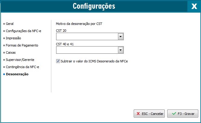 Configuração da Desoneração de ICMS na NFC-e Desoneração de ICMS