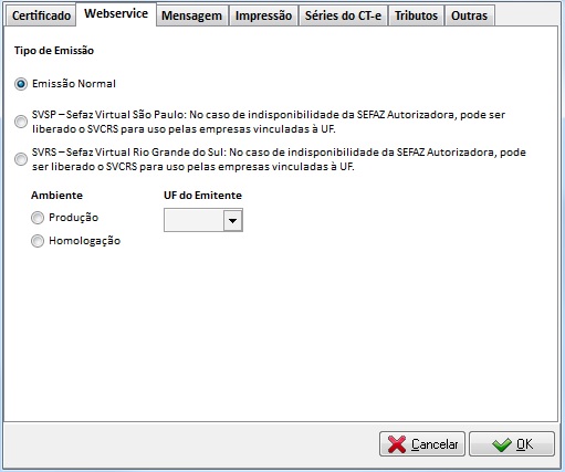 Configuração de tipo de emissão e ambiente na aba Webservice Configuração de tipo de emissão e ambiente na aba Webservice