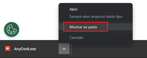 Opção mostrar na pasta o download do AnyDesk Mostrar na pasta