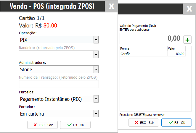 Operação PIX com administradora Stone na venda integrada ZPOS Venda PIX com Stone
